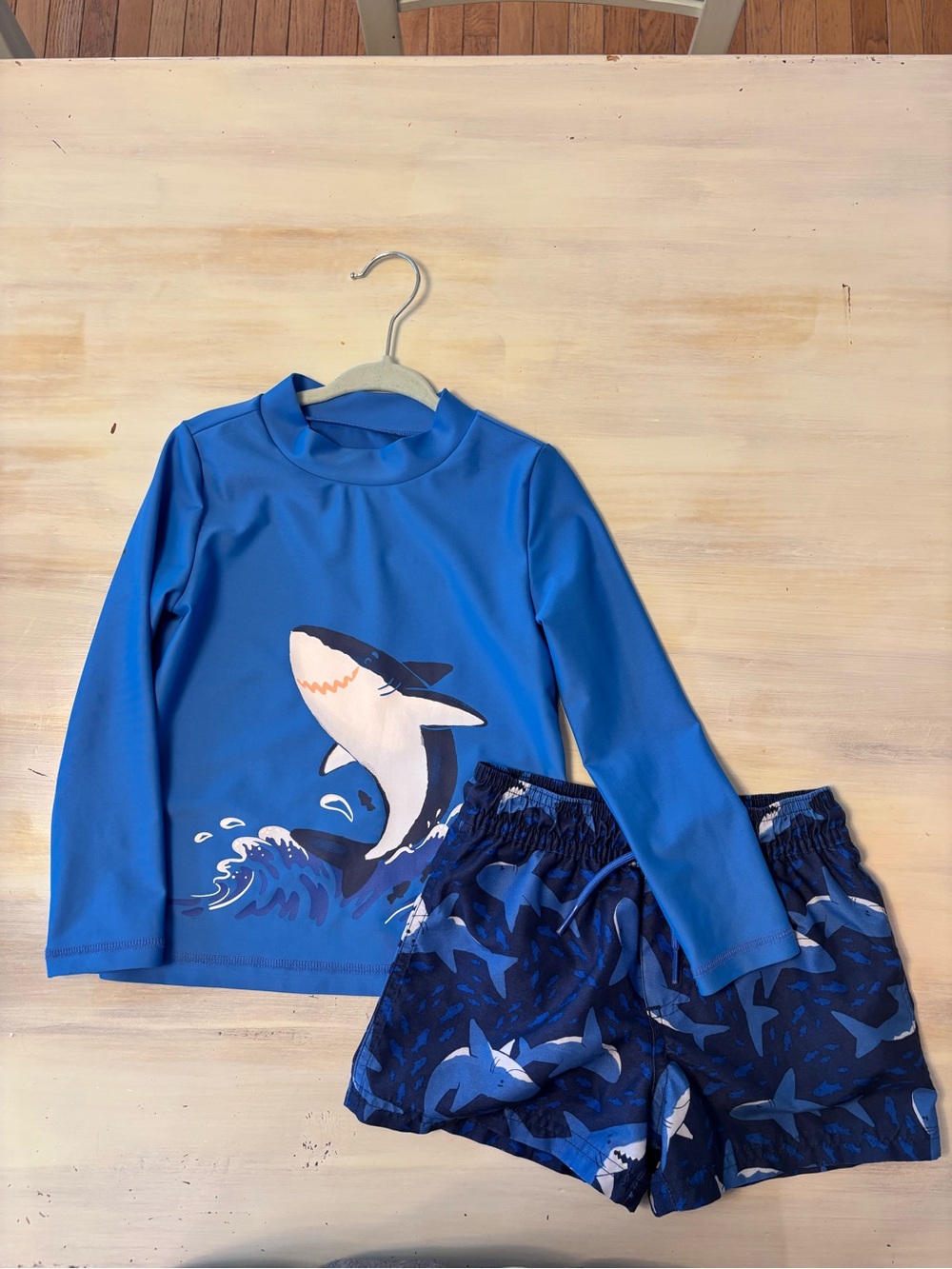 Carter's Blue Shark Long-Sleeve Rashguard & Swim trunks size 3T EUC